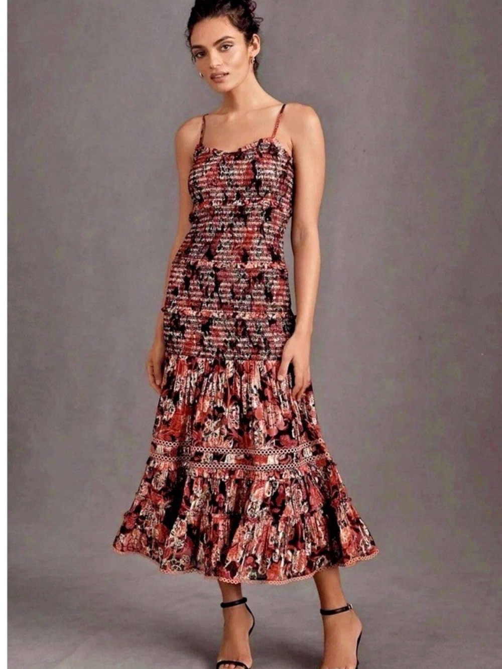 Hemant and Nandita Red Multi Floral and Metallic Smocked Midi Dress NWOT